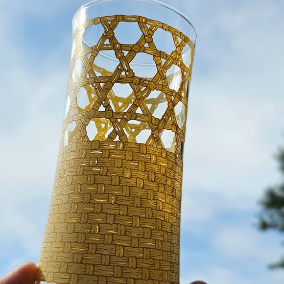 Libbey tumbler drinking glasses set of 2 woven rattan cane pattern vintage 1970s - Picture 5 of 9